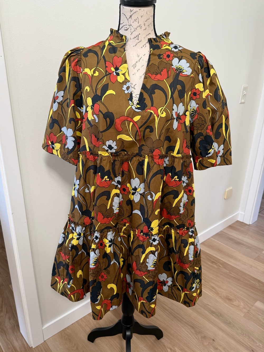 Fall Floral Tiered Dress Ruffle Neck Puff Sleeve Brown Yellow SugarLips Small